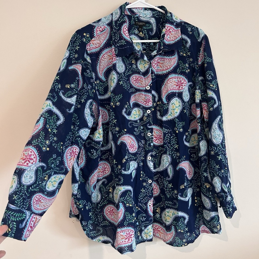Talbots Plus Sz Blouse 3X P Button Up Paisley Floral Collar Blue Lightweight